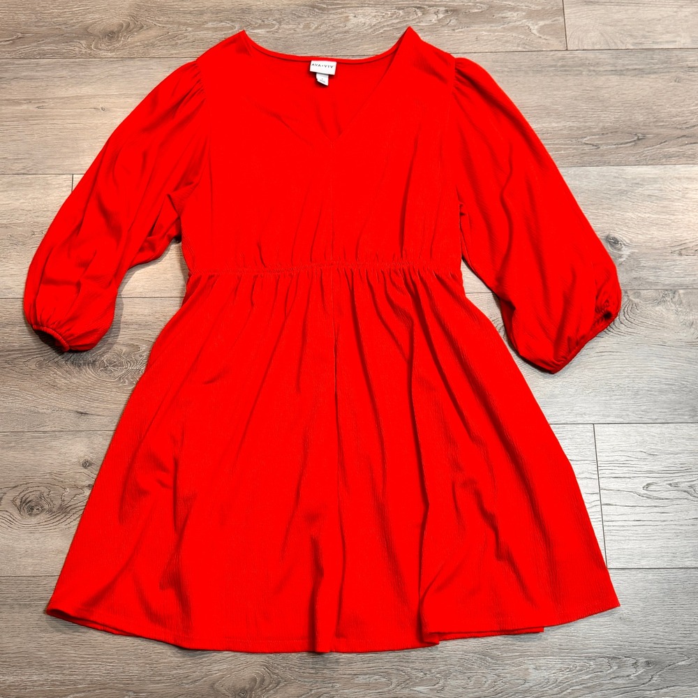 Ava & Viv Red Dress Fit & Flare 3/4 Sleeve V Neck Casual X XLarge‎